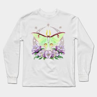 Nighttime Moth - Luna Moth with Purple Daturas on Indigo Long Sleeve T-Shirt